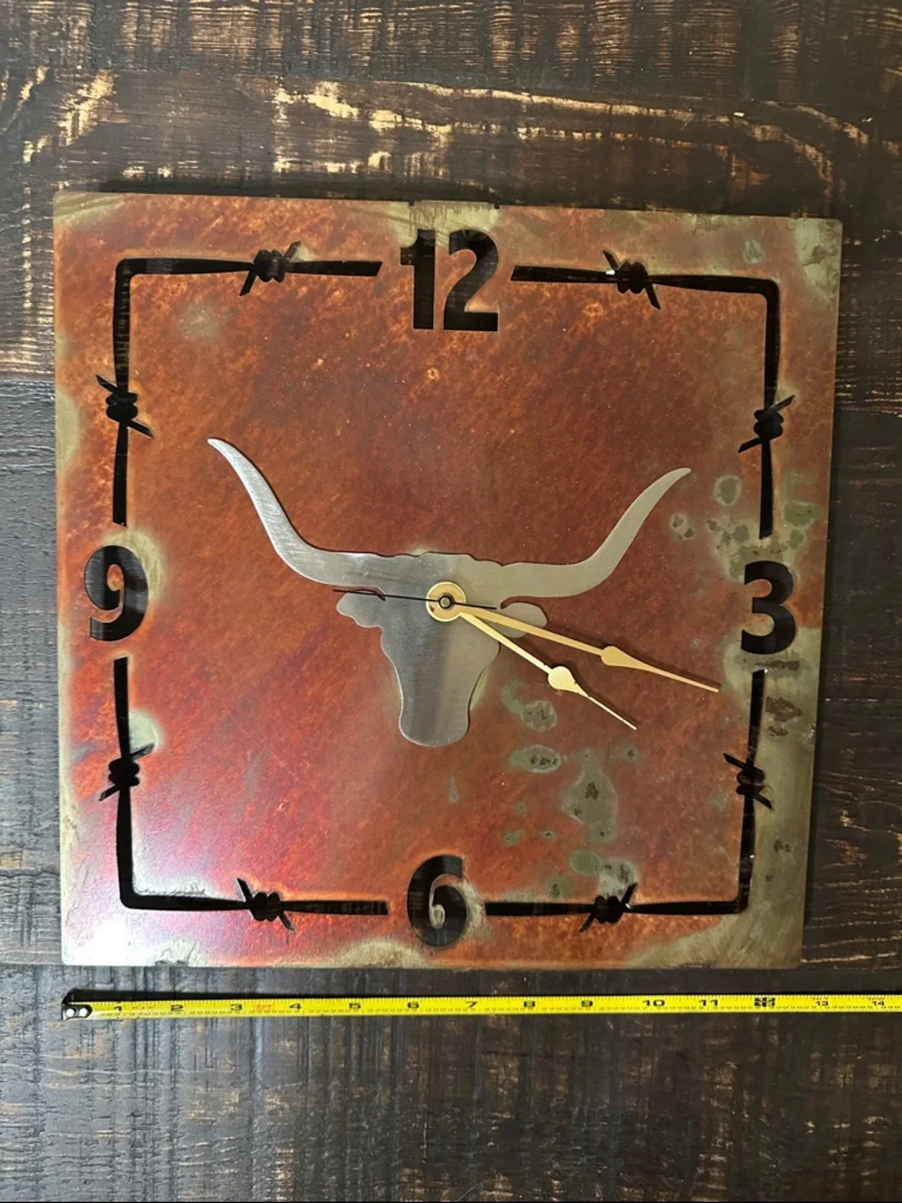 Western Longhorn Metal Wall Clock in Rust Red